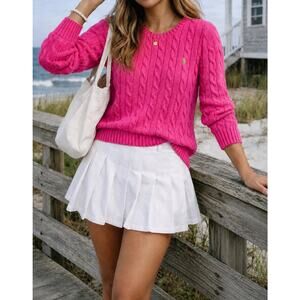 Vintage Ralph Lauren Women's Cable Knit Sweater Size XL Pink w/Green Logo 90s